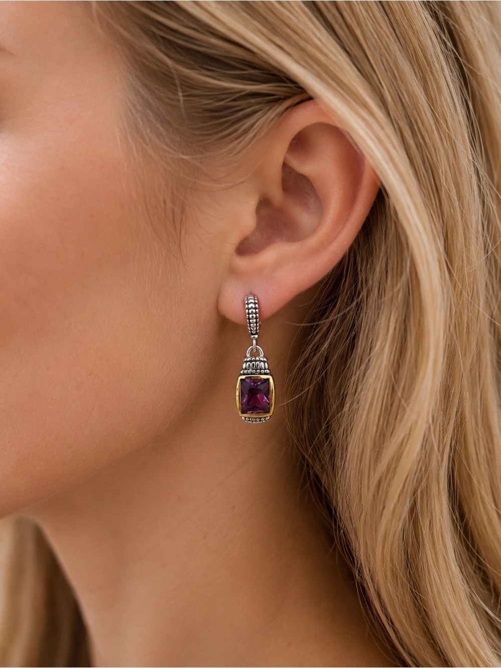 Sterling Silver & Gold Tone Purple Stone Drop Earrings - Unbranded